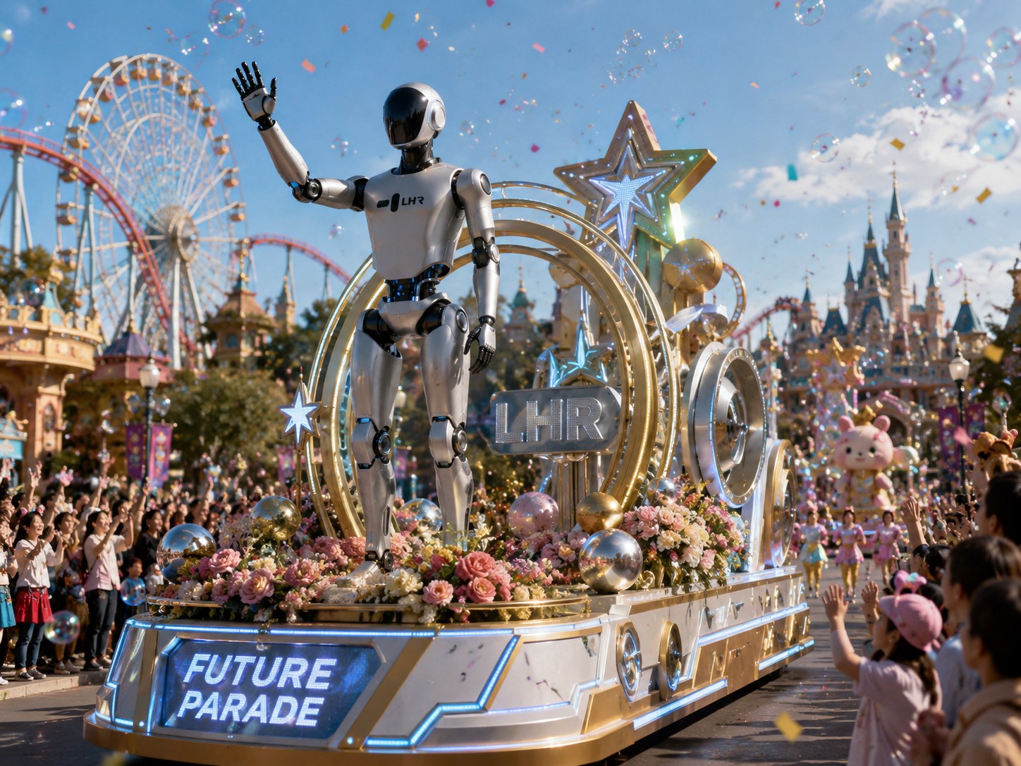 Humanoid robot amusement park parade