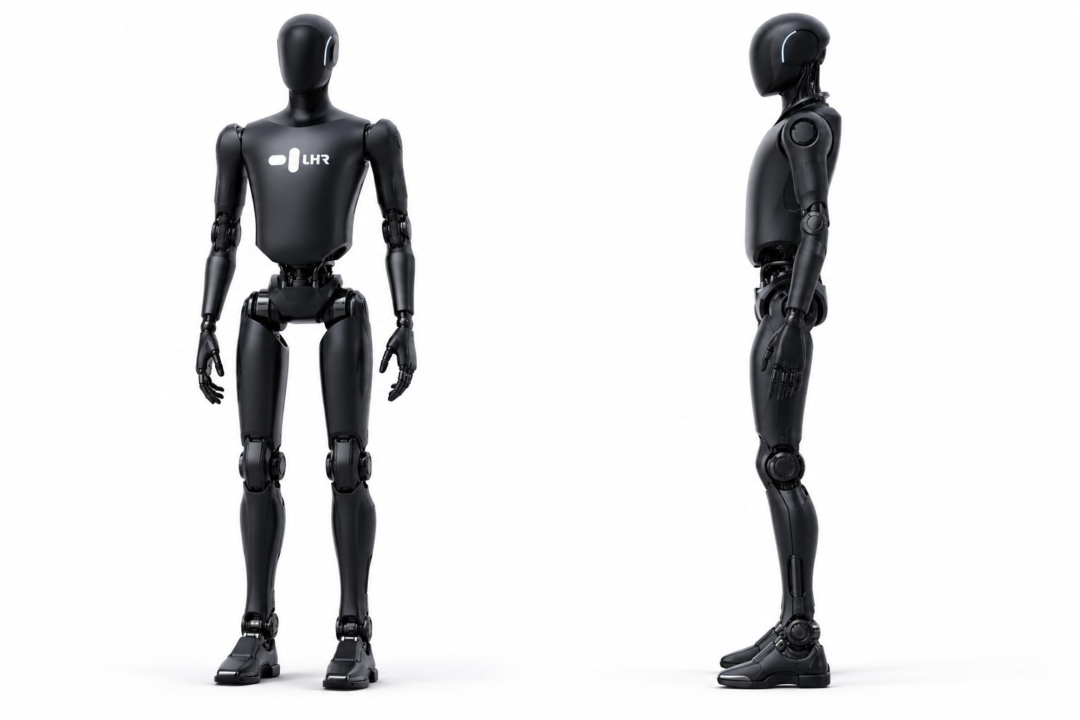 Front and side views of black LHR humanoid robot