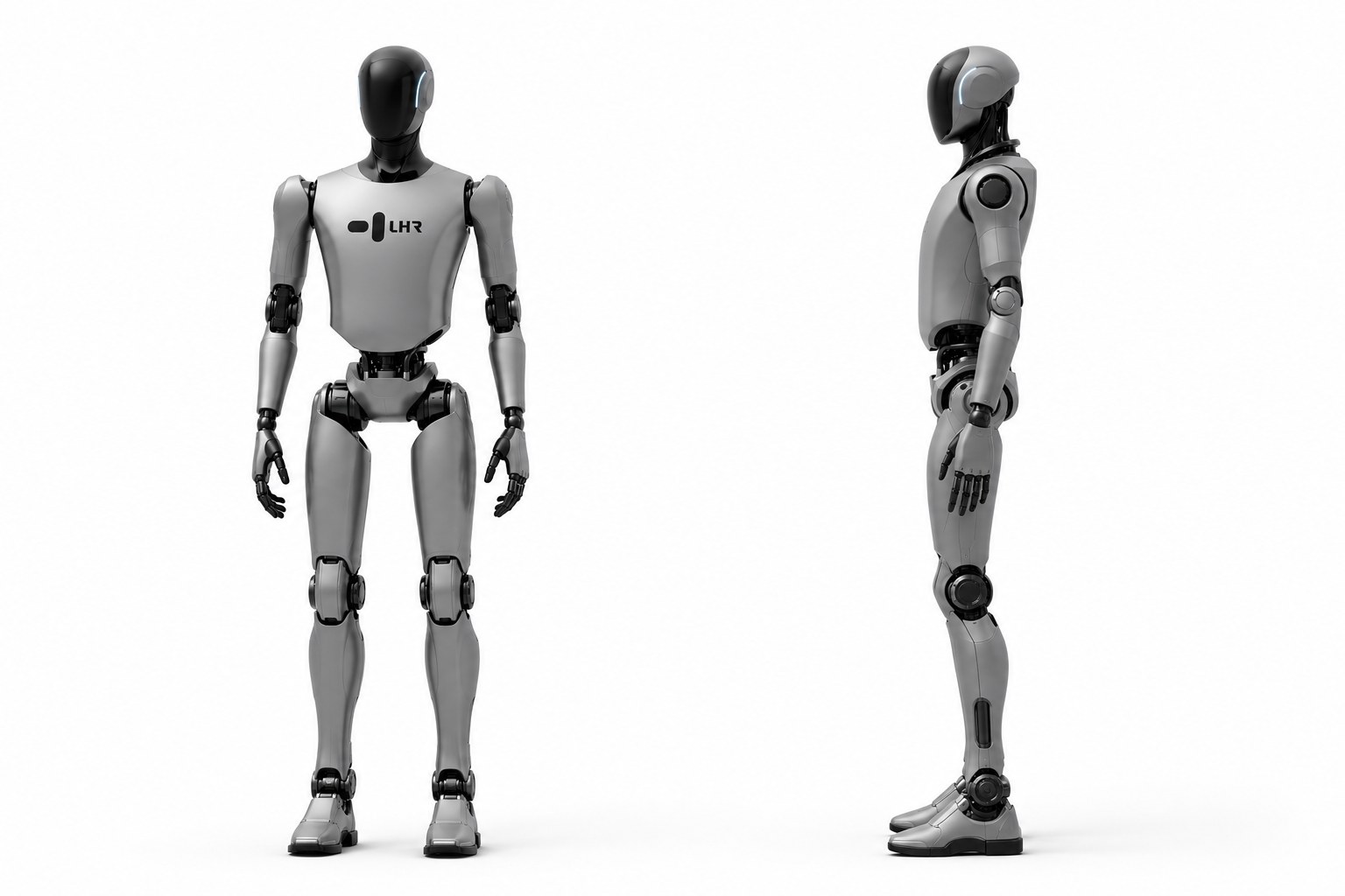 Front and side views of silver LHR humanoid robot